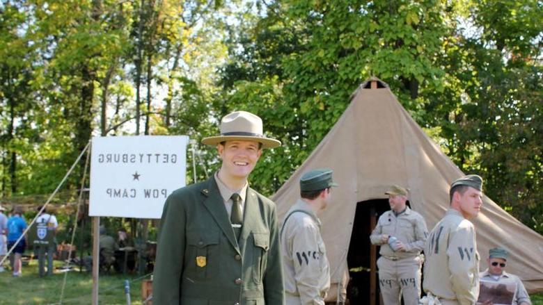 Jared Frederick at Gettysburg dressed as a 1940s park ranger